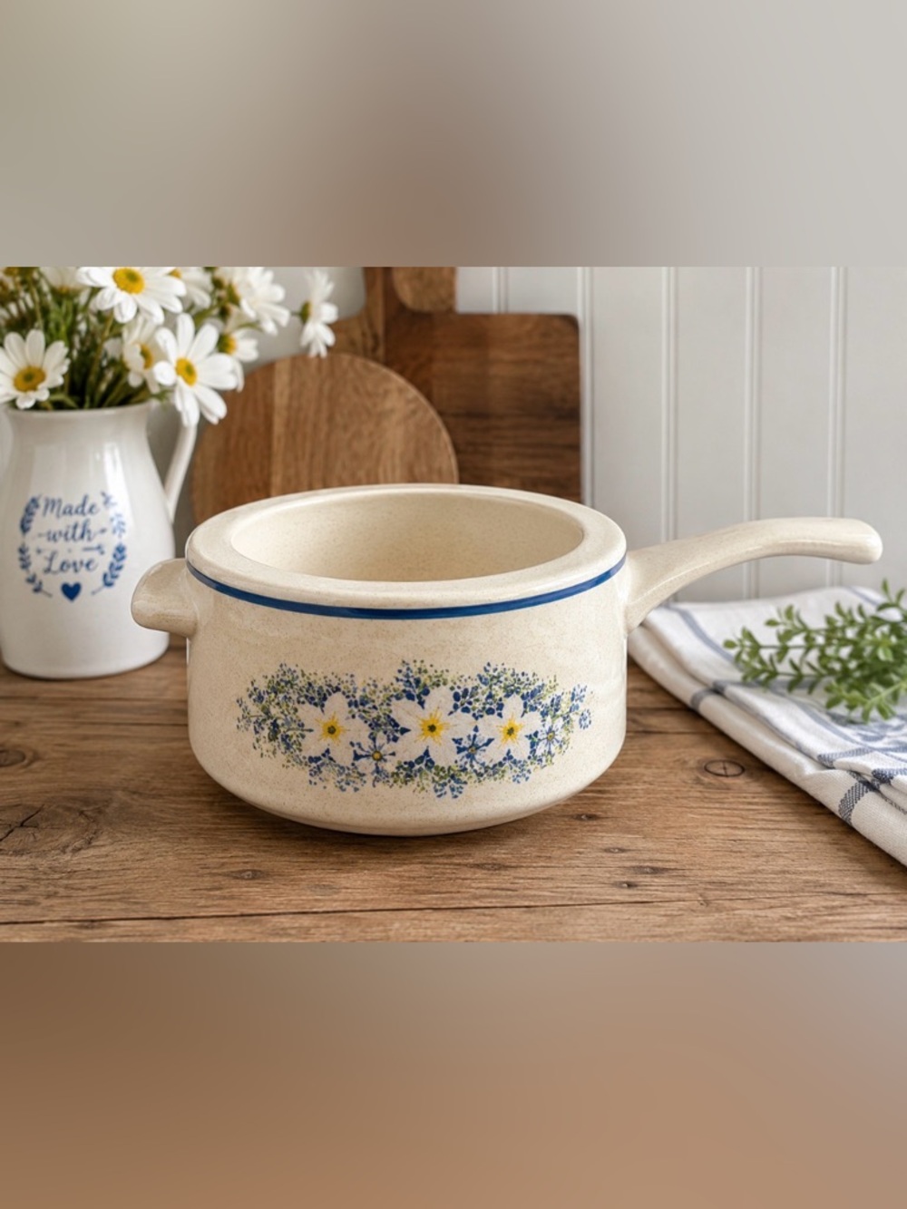 Lenox Cream Ceramic Saucepan with Blue Floral Band